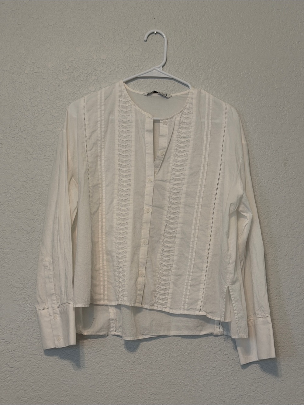 Zara White Pintuck Button-Up Blouse